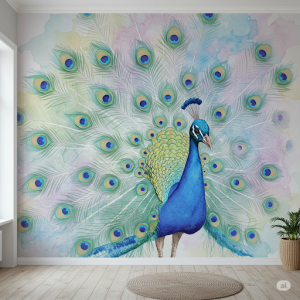 Watercolor Wash Wallpaper. A soft and dreamy mural featuring a peacock rendered in loose watercolour strokes and blended hues.