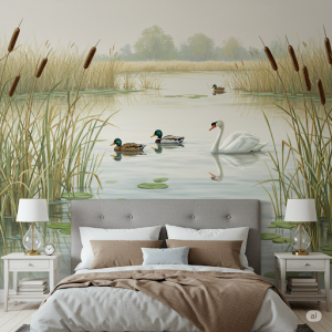 Wetlands with Reeds and Waterfowl Bedroom Wall Painting. Serene and teeming with life, a peaceful atmosphere.