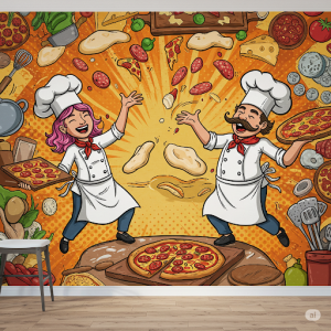 Whimsical Pizza Chef Wall Mural. Cartoon chefs with oversized hats and comical expressions juggling pizza dough and ingredients.