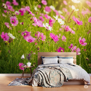 Wildflower Meadow Bedroom Wallpaper Mural. A vibrant mix of pink, white, and green wildflowers.
