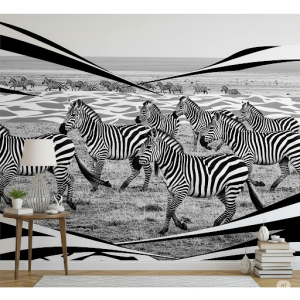 Zebra Stripes in Motion, A Black and White Wallpaper Mural Art. An abstract depiction of a herd of zebras galloping across the plains, emphasizing their striking patterns.