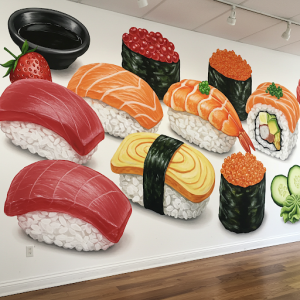 a detailed and artistic mural showcasing a variety of sushi rolls and sashimi, fruits, and vegetables