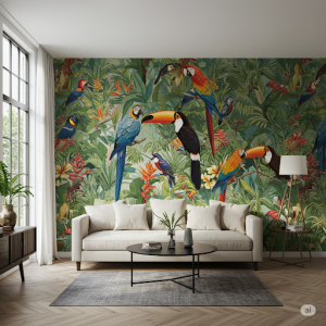 a living room adorned with a wallpaper mural of colorful tropical birds perched amongst lush foliage