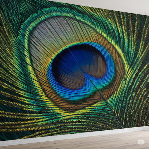 a mural capturing how light bends and fragments through a peacock feather