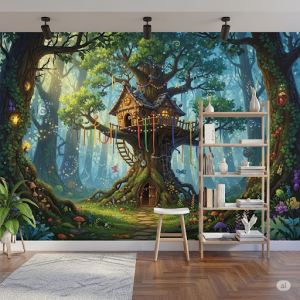 a mural with a tree house in a magical forest