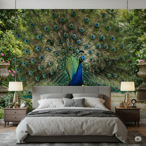 a peacock wallpaper mural behind the headboard