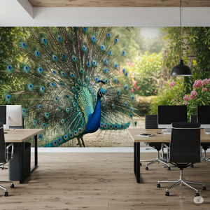 a realistic peacock wallpaper mural for the office