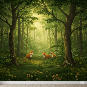 a stylized depiction of a dense forest with glimpses of elusive foxes, wallpaper mural.