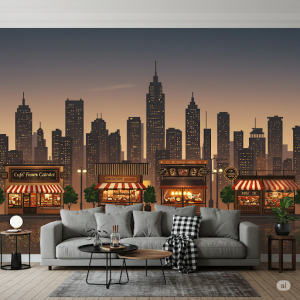 a subtle cityscape 3d wallpaper mural reflecting your modern cuisine