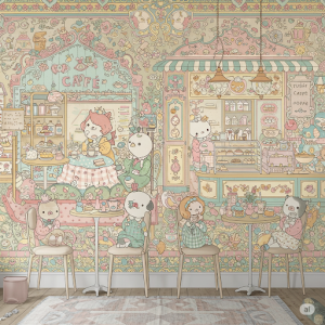 a whimsical cafe wallpaper mural, playful illustrations