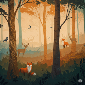  abstract interpretation of a forest landscape with animal motifs, office mural.