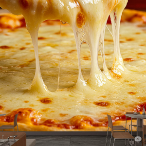 bubbly, golden-brown surface of melted mozzarella, pizza restaurant wallpaper mural.