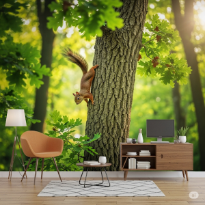 busy squirrel, scampering up a tree, nature wallpaper mural.