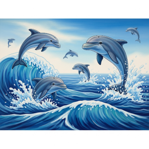 dolphins playfully leaping out of the ocean waves, nursery wall painting