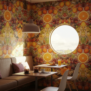  fruit patterns wallpaper in a breakfast nook