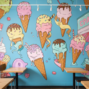 ice cream cones melting in a playful way, restaurant mural
