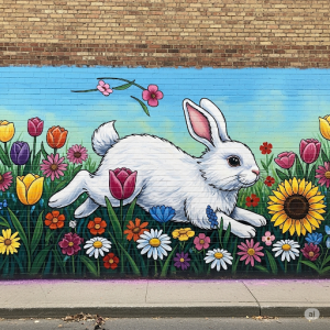 rabbit hopping through flowers, animal mural.