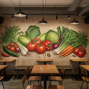 rustic vegetables mural in a farm-to-table eatery