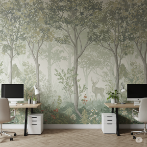 stylized forest scene with subtle glimpses of wildlife, office wallpaper mural.