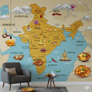 stylized map of India featuring iconic dishes and ingredients