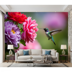 tiny hummingbird hovering near vibrant blossoms, living room 3d wallpaper mural.