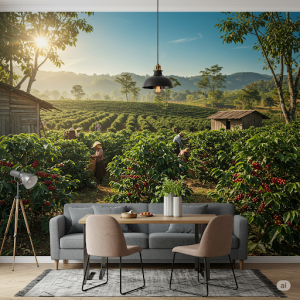 vintage coffee farming scene wallpaper mural