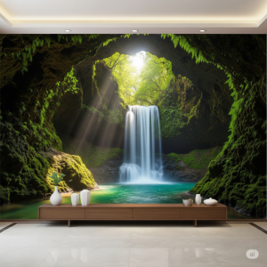 3D Waterfall Grotto Wallpaper Mural. A hidden cave with a cascading waterfall creates a sense of natural enclosure.