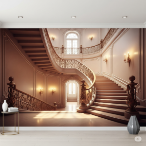 3d Grand Staircase Wallpaper Mural. A sweeping staircase that seems to ascend into another part of the house.