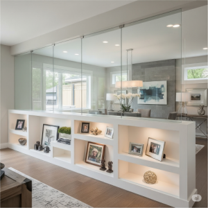 A half-wall with built-in shelves for display, topped with frameless glass for an airy feel.