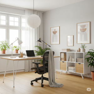 A minimalist Nordic retreat office interior design. 