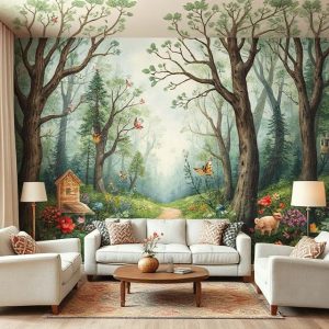 A whimsical, hand-painted style enchanted forest living room wallpaper mural. 