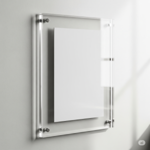 Acrylic photo frame. Clear, modern, and allows the wall behind to show through.