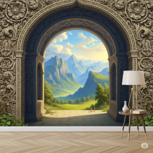 Archway to a Scenic View. An elegant stone archway opens up to a breath-taking landscape, Trompe L'oeil Wallpaper Mural.