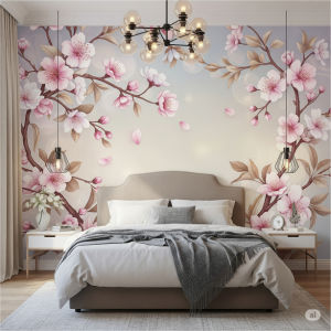Cherry Blossom Lane Wallpaper Printing. Delicate pink and white blossoms on intertwining branches, bedroom mural.