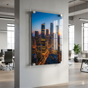 Clear acrylic panels that sandwich the photo, giving a modern, frameless look.