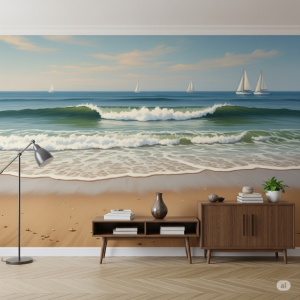 Coastal Calm Wallpaper Painting. Sandy beach, gentle waves, distant sailboats mural.