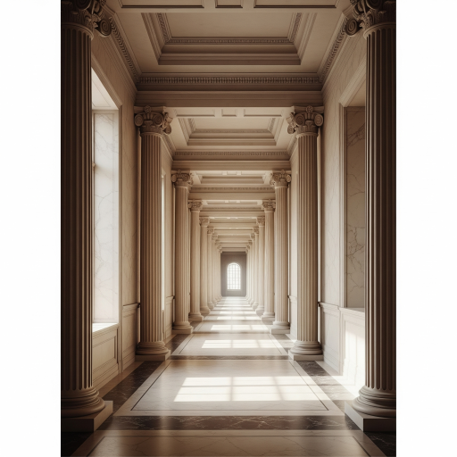 Corridor with Columns. Create the illusion of a long, stately hallway lined with classical columns, leading the eye into a vast space, Trompe L'oeil Wallpaper Mural. Corridor with Columns. Create the illusion of a long, stately hallway lined with classical columns, leading the eye into a vast space, Trompe L'oeil Wallpaper Mural.