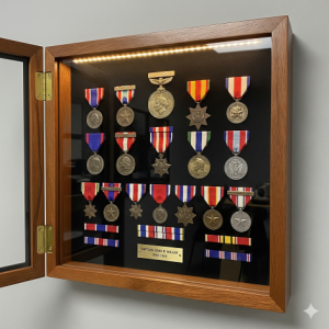 Custom-made shadow box frame protective display of medals.