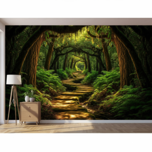 Deep Forest Path 3D Wallpaper Printing. A winding path disappearing into a dense forest, creating immense depth living room mural. Generate an image.