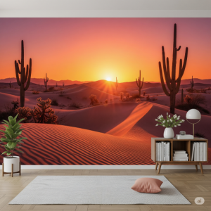 Desert Sunset Indoor Mural. Warm hues of orange and pink over dunes and cacti.