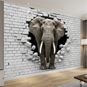 Elephant breaking through a whitewashed wall 3D brick wallpaper mural
