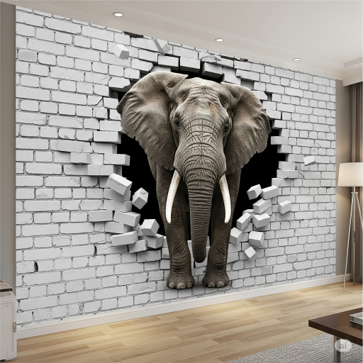 Elephant breaking through a whitewashed wall 3D brick wallpaper mural Elephant breaking through a whitewashed wall 3D brick wallpaper mural