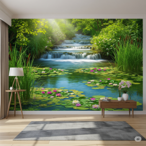 Flowing Water Trompe L'oeil Wallpaper Mural. A gentle stream flowing into a pond, bringing a sense of nature and movement indoors.