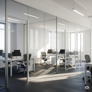 Full-height glass partitions are a sleek, modern office room design that allows natural light to flow through, maintaining an open feel while providing acoustic separation. 