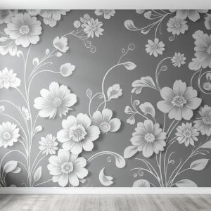 Grayscale Floral Pattern Indoor Mural. Elegant floral motifs in varying shades of grey.
