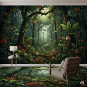 Hyper-Realistic Nature Scene Canvas Wallpaper Printing. Floor-to-ceiling mural of a dense rainforest. UV printing's ability to capture minute details, deep colors, and subtle light and shadow makes these scenes incredibly lifelike and immersive. 