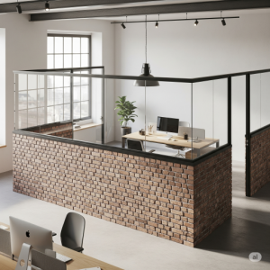 Half Brick Base Wall with Clear Glass Upper Half, Office Partition.