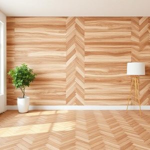Herringbone Wood Living Room Mural. A chic pattern of wood planks laid in a herringbone design.