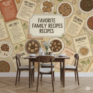 Illustrations of favorite family recipes, with handwritten ingredients, create a warm, personalized dining area wallpaper mural.