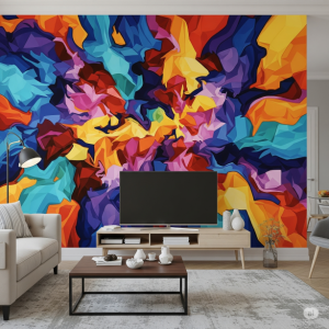 Large-scale abstract art mural with bold colors and dynamic forms creates a modern and artistic statement with ink-jet wallpaper printing.